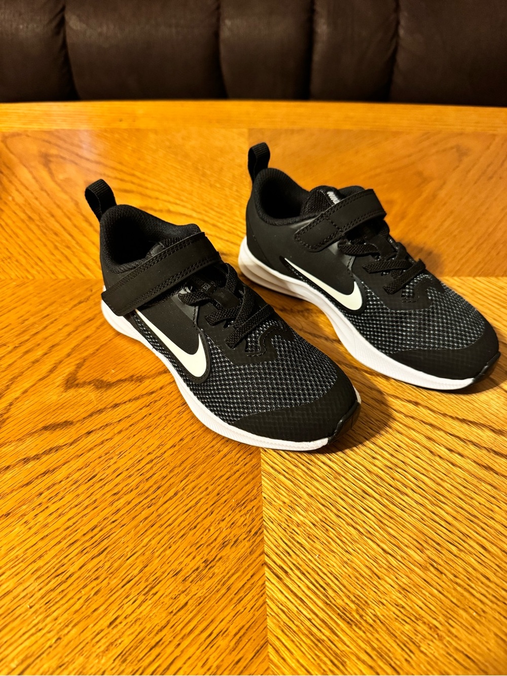 Nike Kids Downshifter 9 Black and White Hook-and-Loop Sneakers